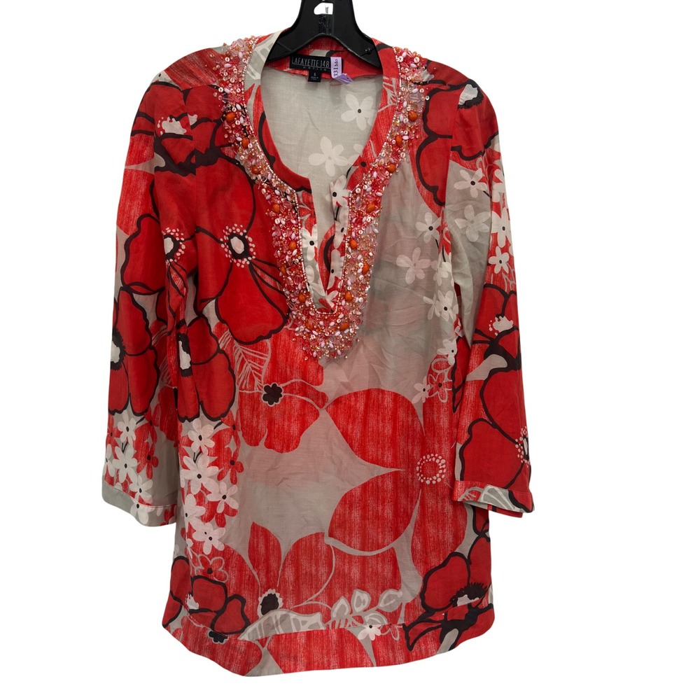 Lafayette 148 New York Tunic Top Red Grey Floral Beaded Silk Boho Petite 6